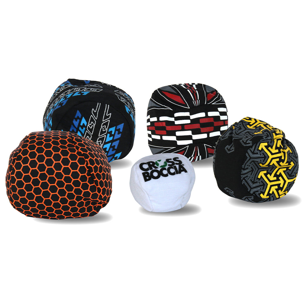 Crossboccia Set 4x3 Bälle/Kugeln (ca. 8 cm Durchmesser, 115g) , 1 Zielkugel ;  Crossboccia®-Bälle: Unsere mit Granulat gefüllten Crossboccia®-Bälle sind für die hohen Ansprüche eines Outdoor-Trendsports konzipiert.
